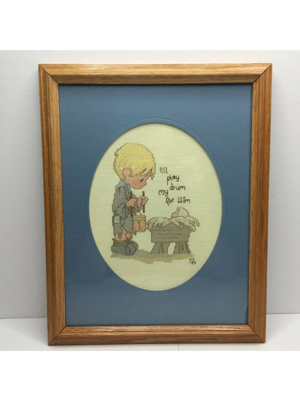 Vtg Cross Stitch Precious Moments I'll Play My Drum For Him Drummer Boy Framed